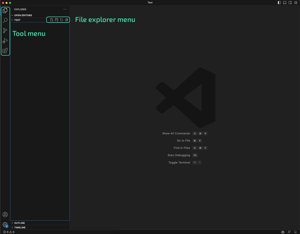 The Visual Studio Code interface showing tool ribbon and explorer window tool bar. | academy.digilab.co.uk