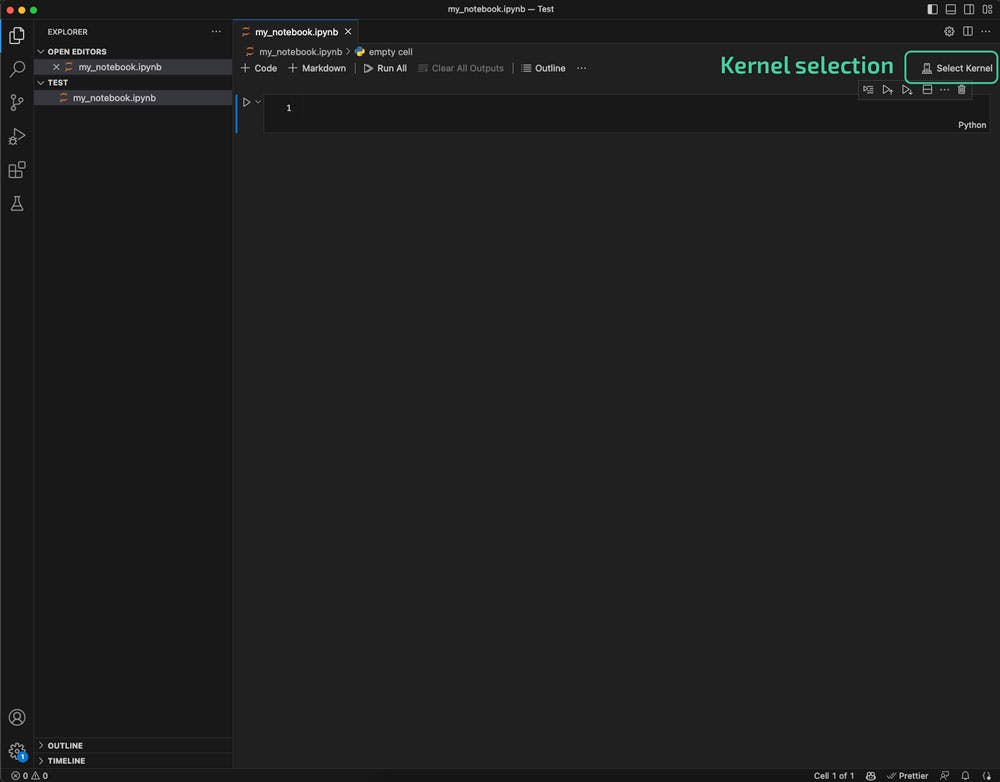 Jupyter Notebook in VS Code showing Kernel selection dropdown | academy.digilab.co.uk