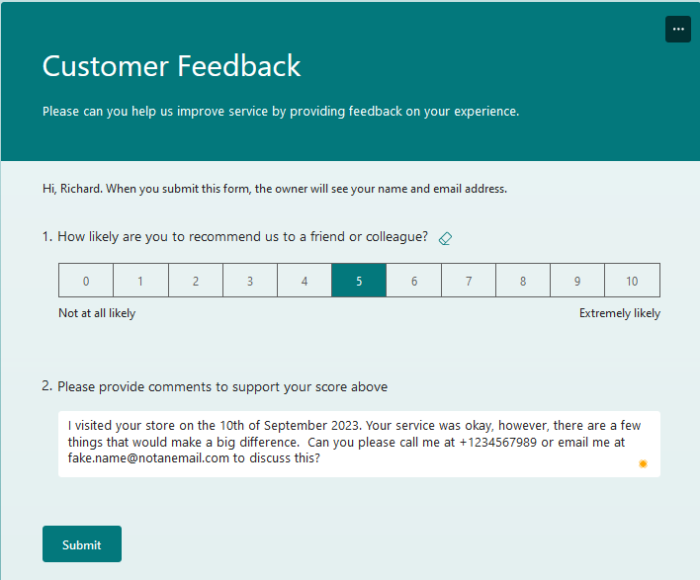 Example of customer feedback form with useful data values added into free text