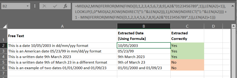 Example of an Excel formula extracting dates, highlighting both the functionality successfully working and limitations