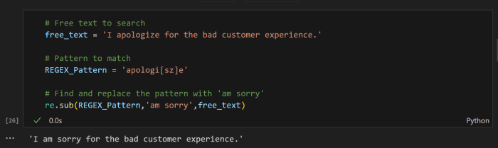 Demonstrates how we can use the pattern ‘apologi[sz]e’ to find and replace either the American or English spellings with different text in Python