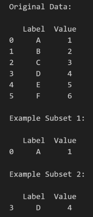 Notebook output of the main dataframe and the two subsets taken using differing techniques.