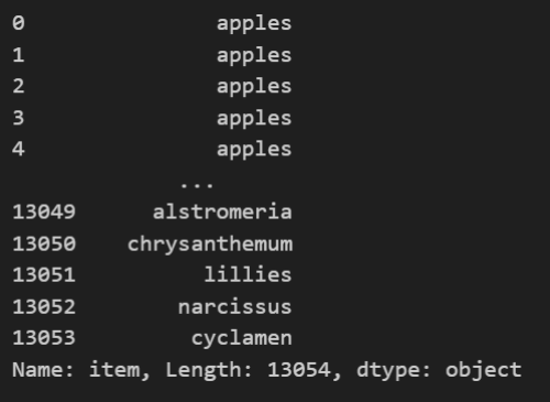 Notebook output from filtering the fruit and veg price dataframe for a single column index