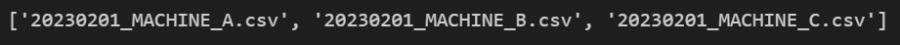 First three filenames found in the machine_data folder contained within a list.